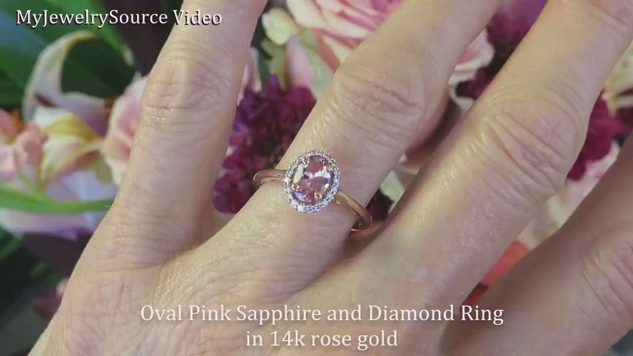 Oval Ceylon Pink Sapphire and Diamond Halo Ring in 14k rose gold (PR-140)