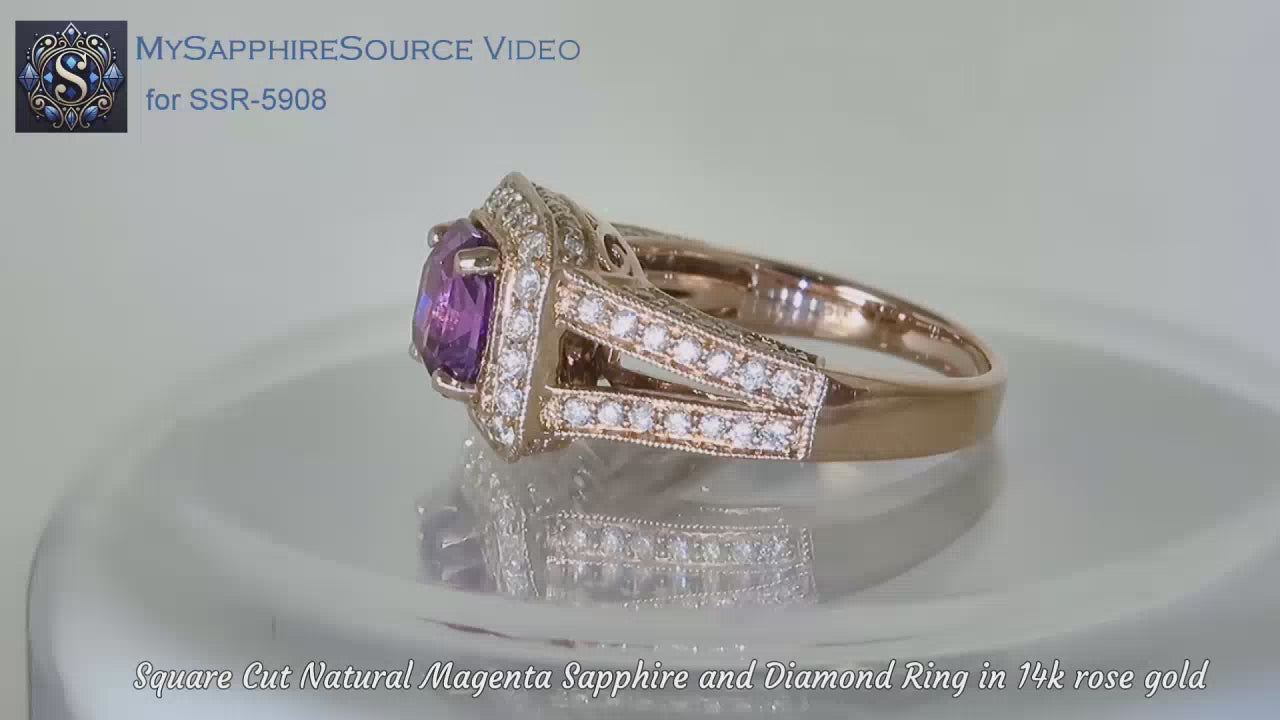 Natural Magenta Pink-Purple Sapphire and Split Shank Diamond Ring in 14k rose gold (GR-5908)