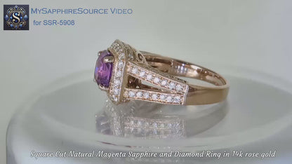 Natural Magenta Pink-Purple Sapphire and Split Shank Diamond Ring in 14k rose gold (GR-5908)