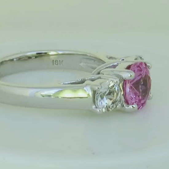 Round Pink and Round Natural White Sapphire Three Stone Ring in 18k white gold - Natural Ceylon Sapphire (SPR-137)