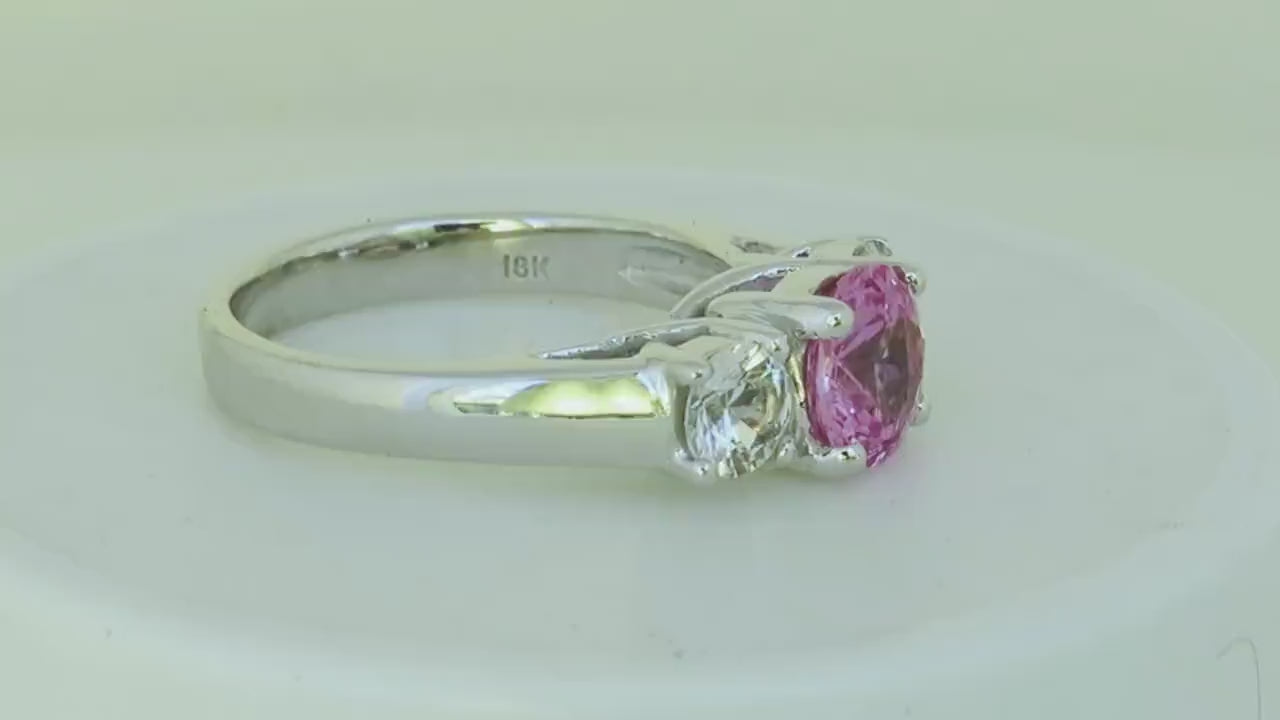 Round Pink and Round Natural White Sapphire Three Stone Ring in 18k white gold - Natural Ceylon Sapphire (SPR-137)