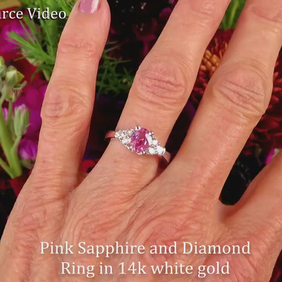 Natural Oval Cut Pink Sapphire and Rounde Diamond Ring set in 14k White Gold (SSR-5700)