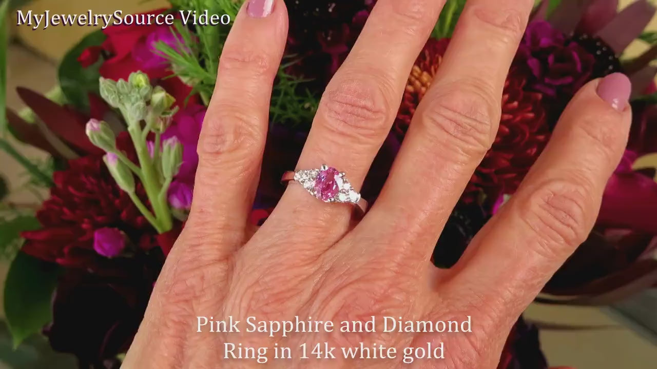 Natural Oval Cut Pink Sapphire and Rounde Diamond Ring set in 14k White Gold (SSR-5700)