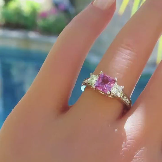 Princess Cut Pink Sapphire and Princess Cut Diamond Engagement Ring with Lucida Gallery in 14k white gold (PR-103)