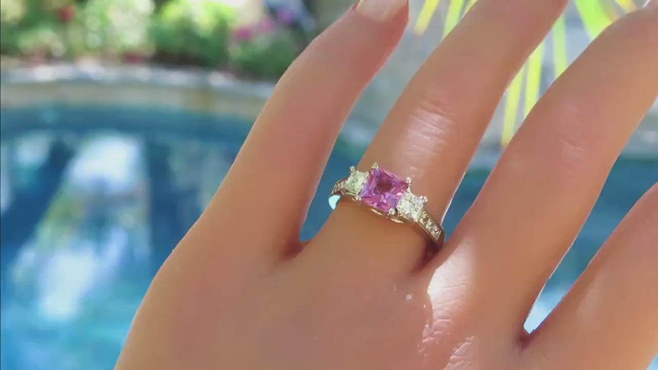 Princess Cut Pink Sapphire and Princess Cut Diamond Engagement Ring with Lucida Gallery in 14k white gold (PR-103)