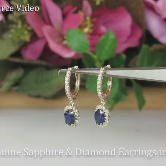 Oval Natural Sapphire and Diamond Halo Earrings in 14k yellow gold (SSE-5100)