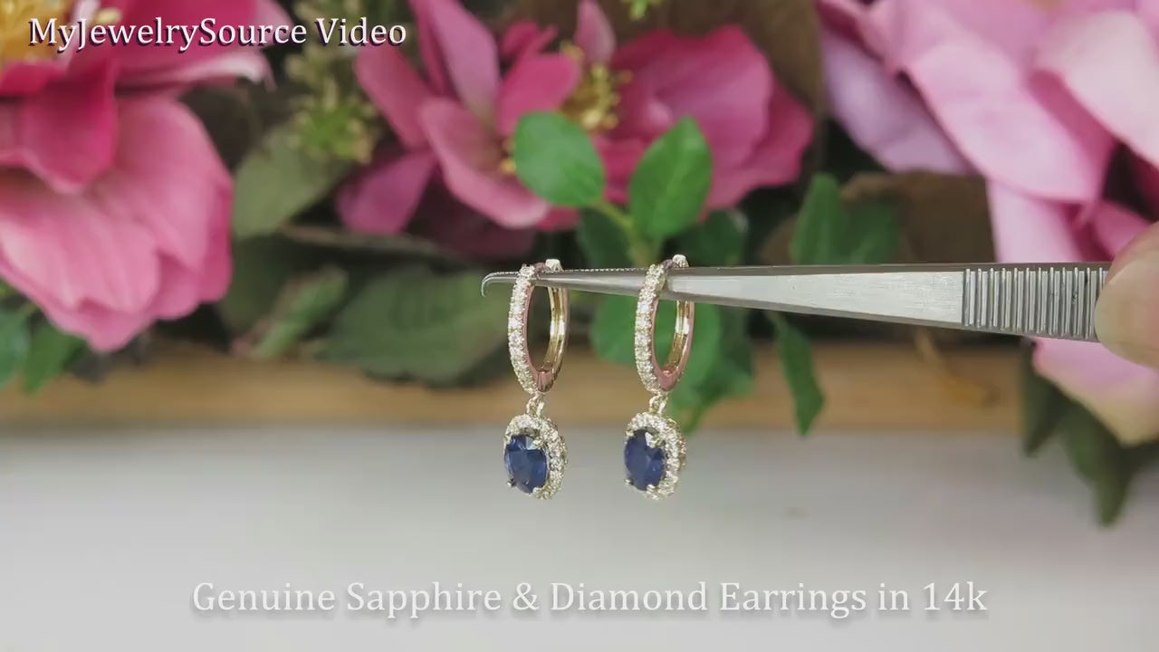 Oval Natural Sapphire and Diamond Halo Earrings in 14k yellow gold (SSE-5100)