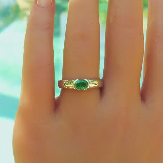 Natural Emerald Solitaire Band Ring- East West set Semi Bezel Oval Genuine Emerald Ring in 14k white gold (GR-5443)