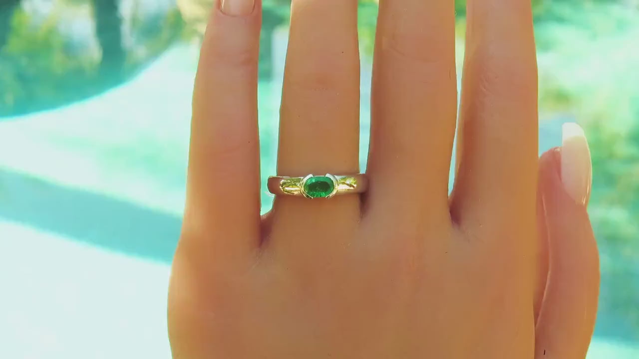 Natural Emerald Solitaire Band Ring- East West set Semi Bezel Oval Genuine Emerald Ring in 14k white gold (GR-5443)