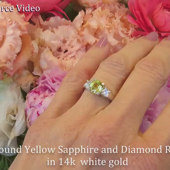 2 carat Round Natural Yellow Sapphire Three Stone Engagement Ring in 14k white gold (SSR-6028)