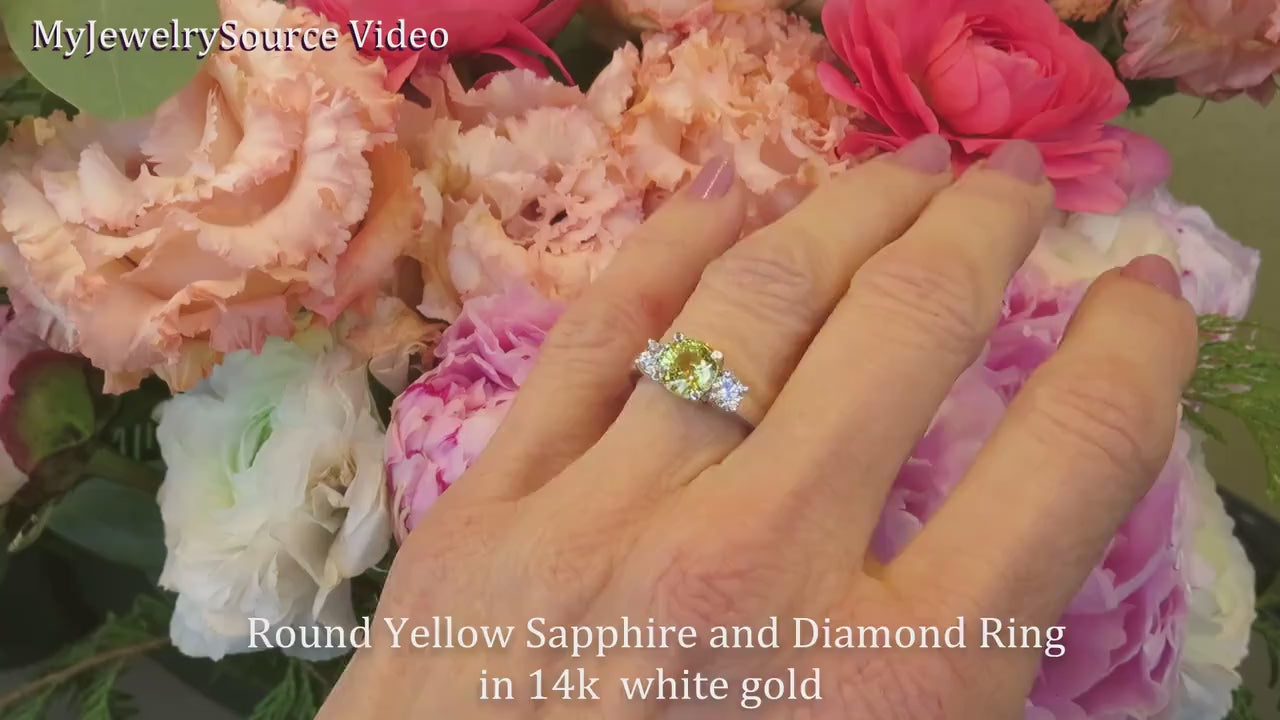 2 carat Round Natural Yellow Sapphire Three Stone Engagement Ring in 14k white gold (SSR-6028)