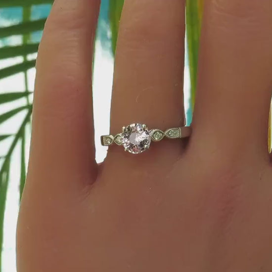 Natural Round Light Pink Sapphire and Diamond Ring in 14k white gold (SPR-148)