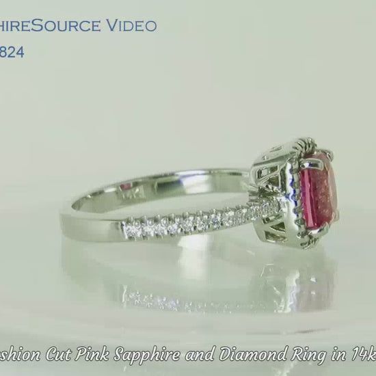 Bright Pink Natural Sapphire Engagement Ring with Diamond Halo in 14k White Gold. Cushon Cut (SSR-5824)