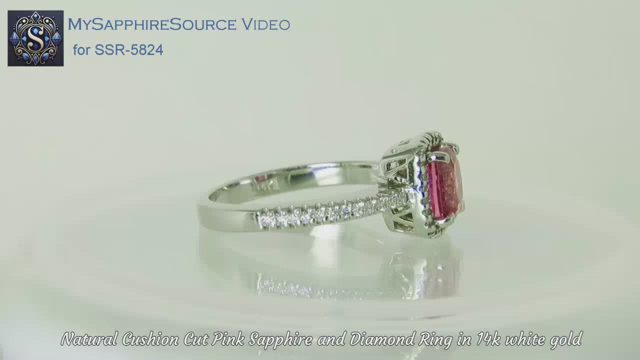 Bright Pink Natural Sapphire Engagement Ring with Diamond Halo in 14k White Gold. Cushon Cut (SSR-5824)