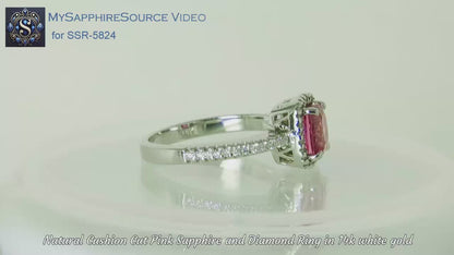 Bright Pink Natural Sapphire Engagement Ring with Diamond Halo in 14k White Gold. Cushon Cut (SSR-5824)