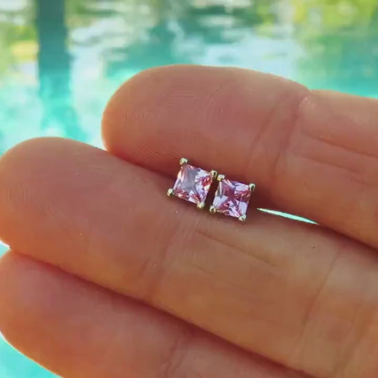 Princess Cut Natural Pink Sapphire Solitaire Earrings in 14k white gold (SSE-5056-4)