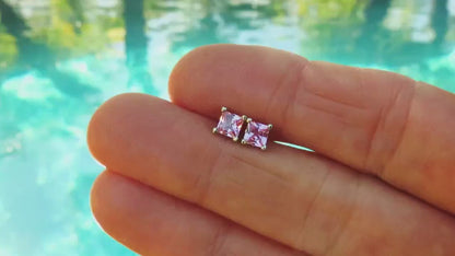 Princess Cut Natural Pink Sapphire Solitaire Earrings in 14k white gold (SSE-5056-4)
