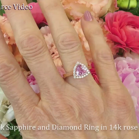 Real Trillion Cut Pink Sapphire and Diamond Halo Engagement Ring in 14k rose gold for sale (GR-5988)
