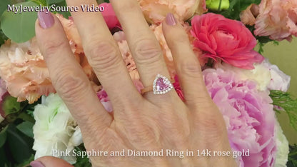 Real Trillion Cut Pink Sapphire and Diamond Halo Engagement Ring in 14k rose gold for sale (GR-5988)