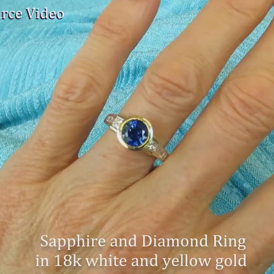 Bezel Set Natural Sapphire and Princess and Baguette Diamond Engagement Ring in 18k white and yellow gold(SSR-5378)