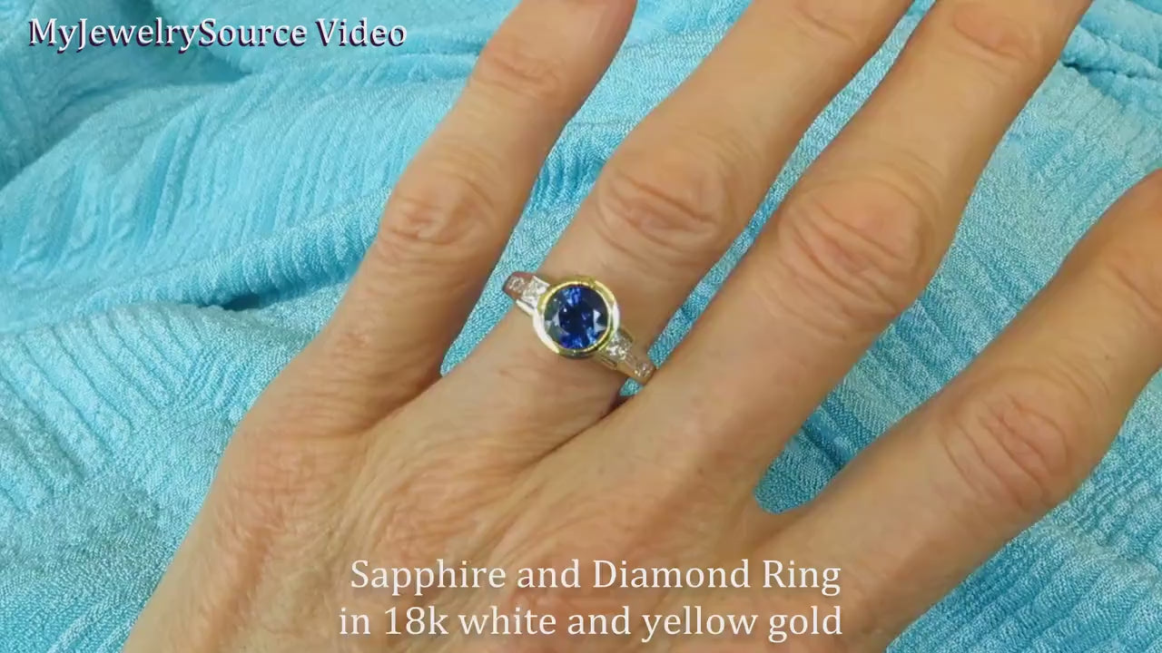 Bezel Set Natural Sapphire and Princess and Baguette Diamond Engagement Ring in 18k white and yellow gold(SSR-5378)