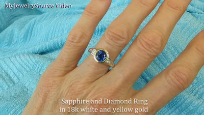 Bezel Set Natural Sapphire and Princess and Baguette Diamond Engagement Ring in 18k white and yellow gold(SSR-5378)