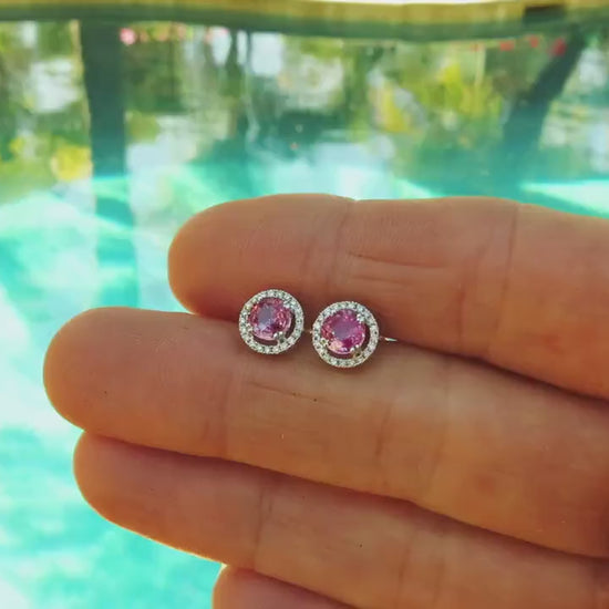 Round Natural Pink Sapphire and Diamond Earrings in 14k white gold (SSE-5084)