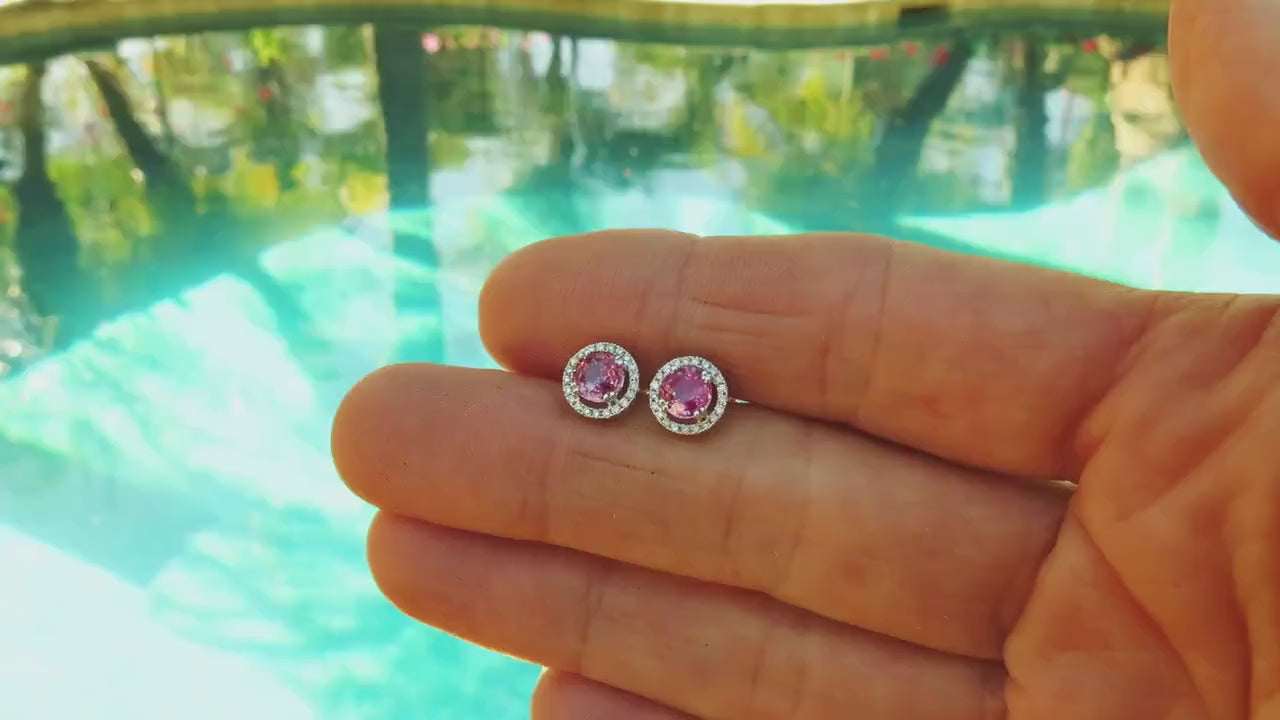 Round Natural Pink Sapphire and Diamond Earrings in 14k white gold (SSE-5084)