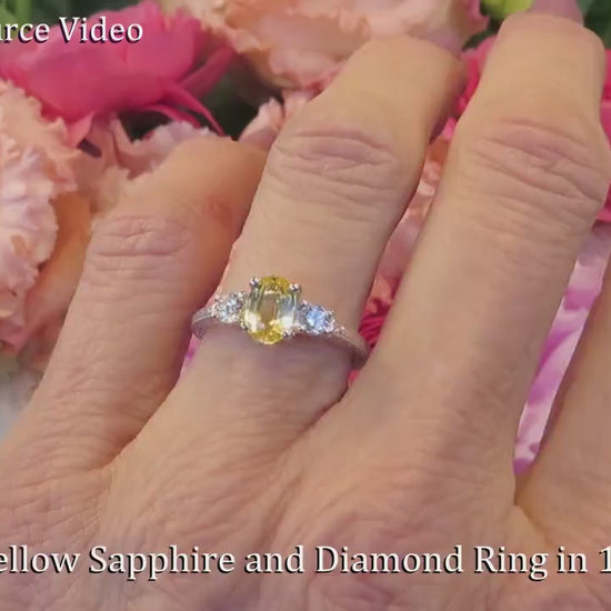>Three Stone Natural Yellow Sapphire Ring with Side Diamonds Set in 14k White Gold Engraved Band (SSR-5836)