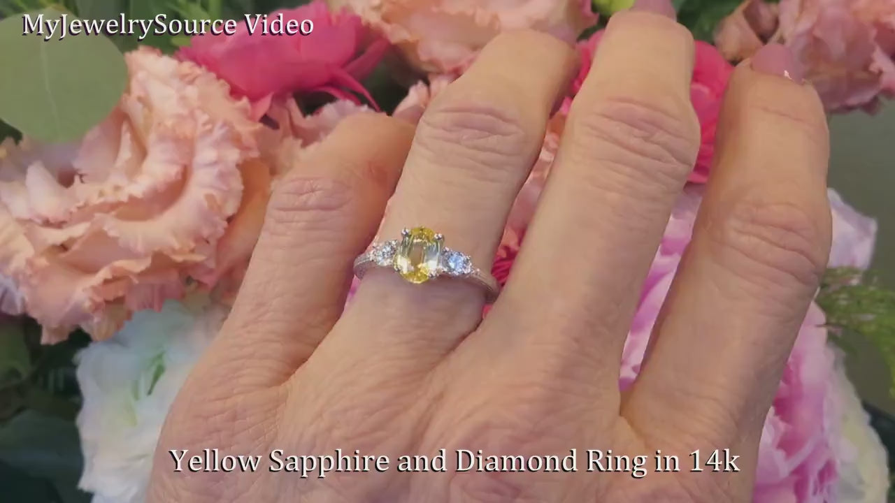 >Three Stone Natural Yellow Sapphire Ring with Side Diamonds Set in 14k White Gold Engraved Band (SSR-5836)