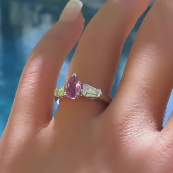 Pink Sapphire Ring - Pear Cut Sapphire with Baguette Diamonds (SSR-5930)