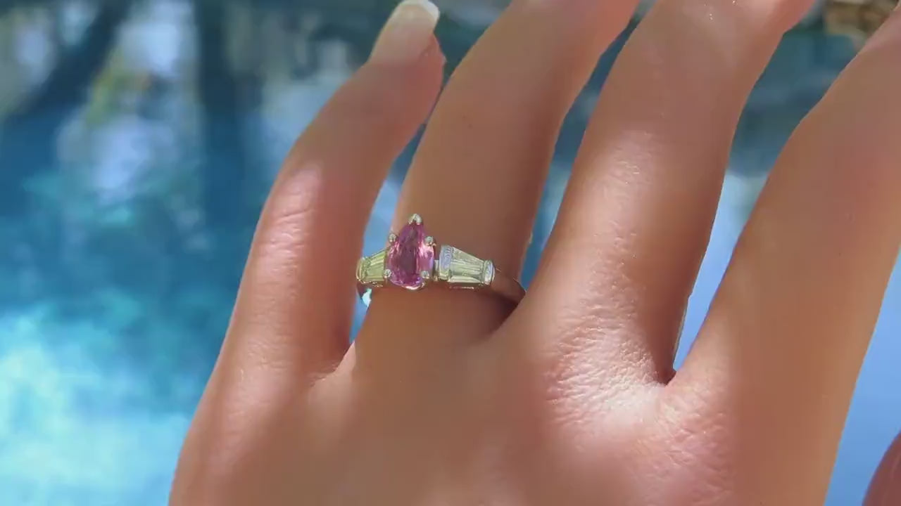 Pink Sapphire Ring - Pear Cut Sapphire with Baguette Diamonds (SSR-5930)