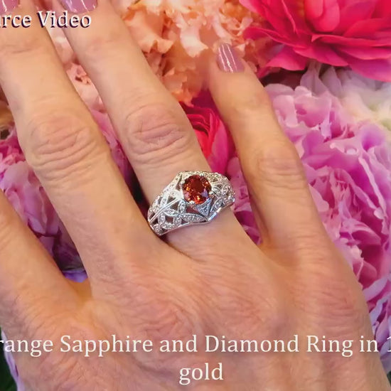 Round Natural Orange Sappphire Ring. Vintage Inspired set in 14k white gold (SSR-5609)
