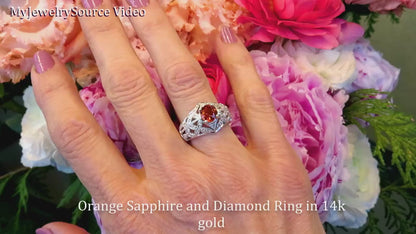 Round Natural Orange Sappphire Ring. Vintage Inspired set in 14k white gold (SSR-5609)