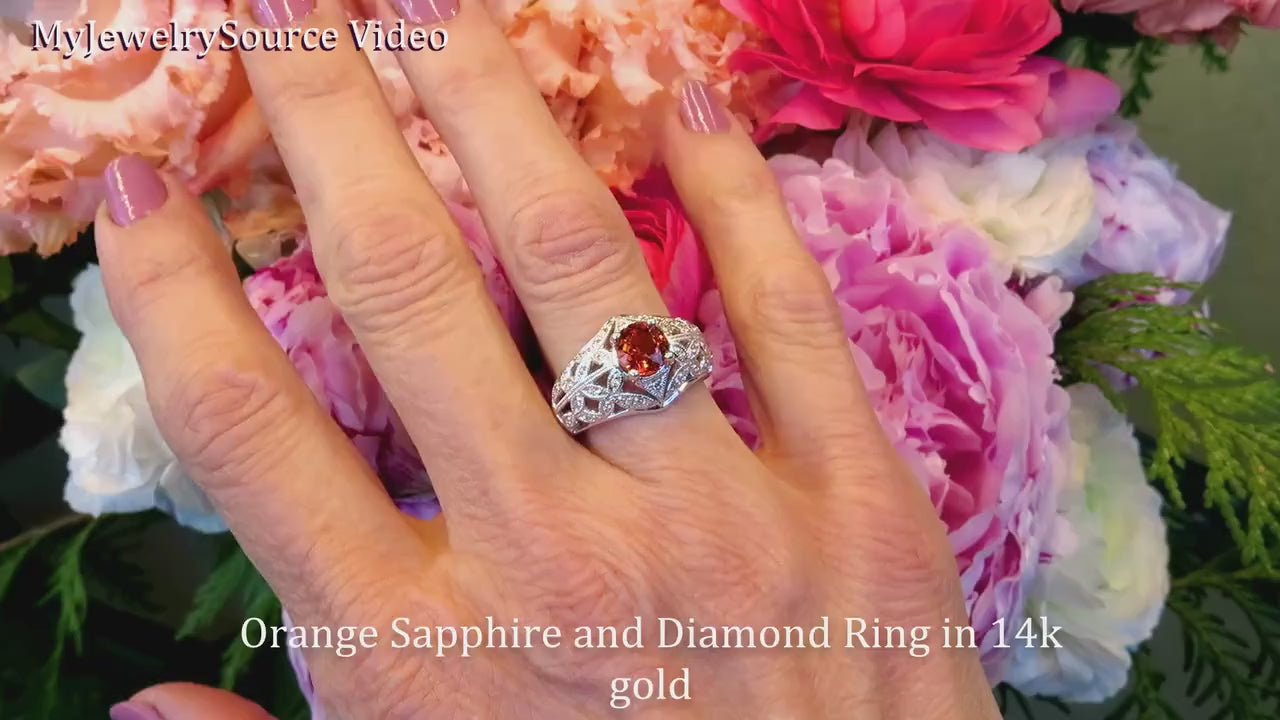 Round Natural Orange Sappphire Ring. Vintage Inspired set in 14k white gold (SSR-5609)