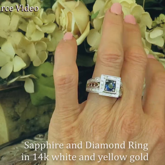 Large Bold Natural Round Blue Sapphire and Square Baguette Halo Ring in 14k white and yellow gold for sale (GR-5207)