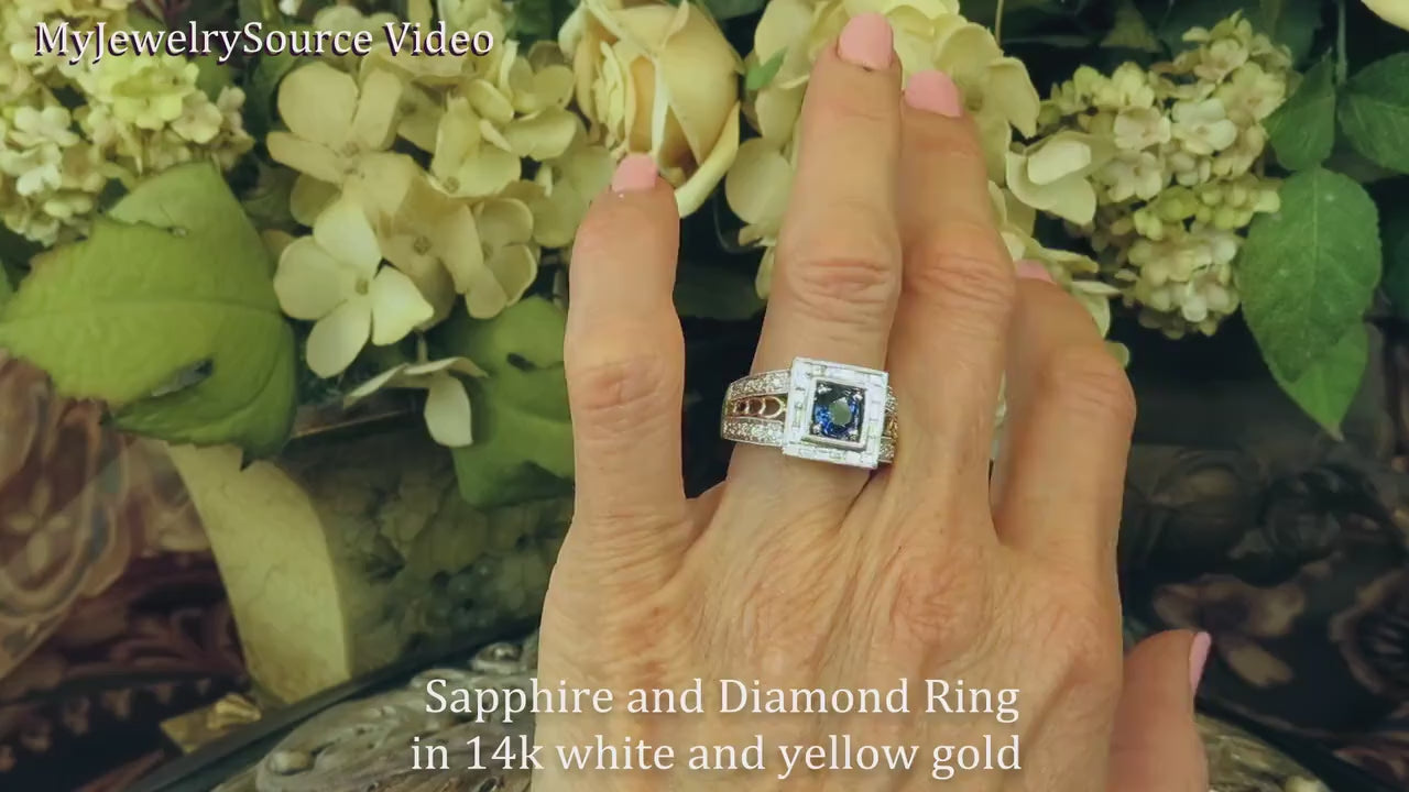 Large Bold Natural Round Blue Sapphire and Square Baguette Halo Ring in 14k white and yellow gold for sale (GR-5207)