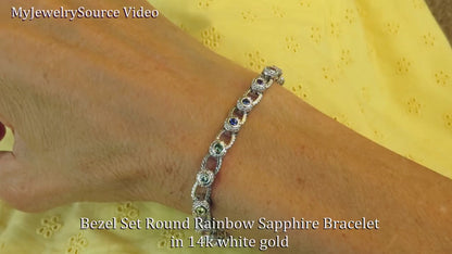 Natural Rainbow Sapphire Bracelet in 14k white gold with Bezel Set Sapphires -7 inch (SSB-4015)