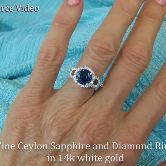 Round Natural Royal Blue Sapphire Ring with a Real Diamond Halo in Solid 14k White Gold for sale (SSR-5785)