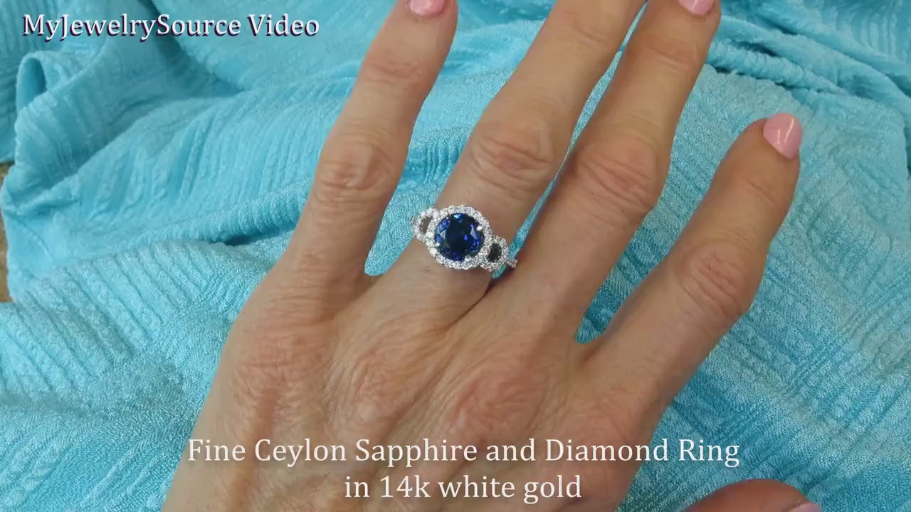 Round Natural Royal Blue Sapphire Ring with a Real Diamond Halo in Solid 14k White Gold for sale (SSR-5785)