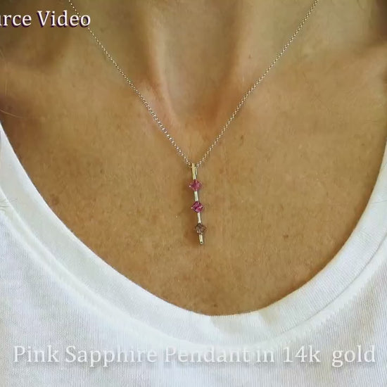 Natural Purple Sapphire and Pink Sapphire Stick Line Pendant in 14k White Gold. All Natural Sapphires (SSP-5098)