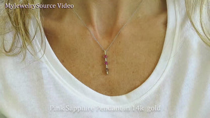 Natural Purple Sapphire and Pink Sapphire Stick Line Pendant in 14k White Gold. All Natural Sapphires (SSP-5098)