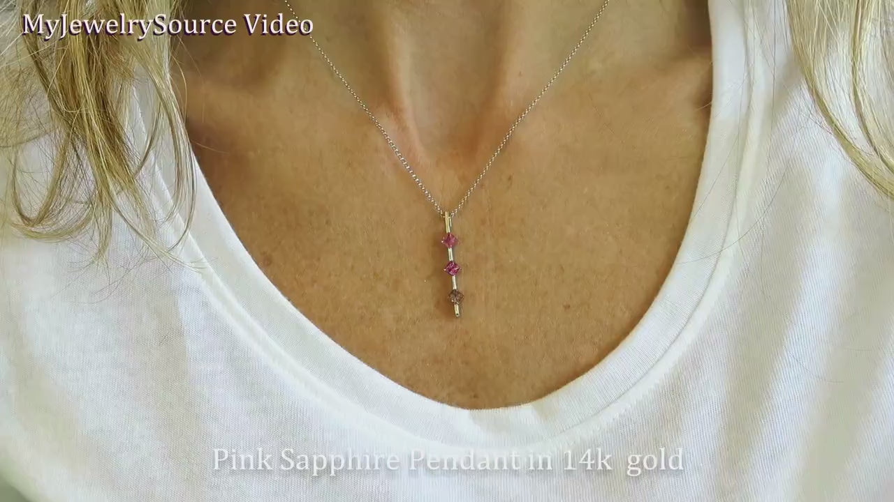 Natural Purple Sapphire and Pink Sapphire Stick Line Pendant in 14k White Gold. All Natural Sapphires (SSP-5098)