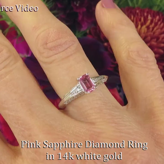6x4mm Emerald Cut Natural Pink Sapphire and Diamond Ring in 14k white gold (SPR-133)