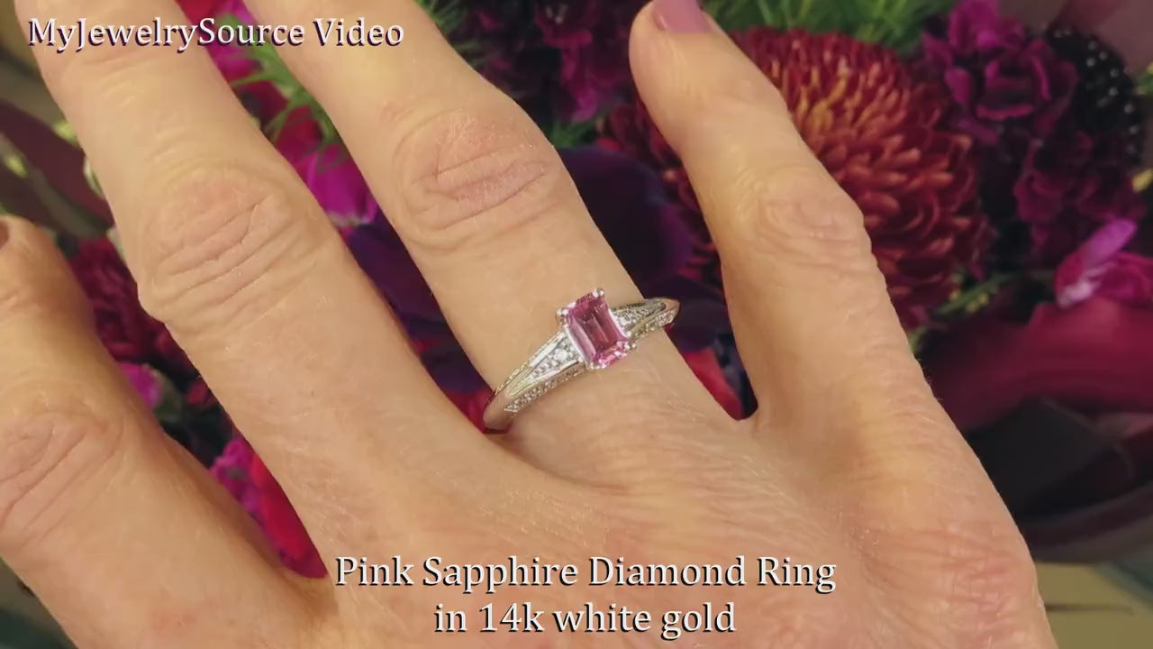 6x4mm Emerald Cut Natural Pink Sapphire and Diamond Ring in 14k white gold (SPR-133)