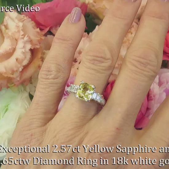 Natural Radiant Cut Untreated Yellow Sapphire Ring with Baguette Diamonds set in 18k White Gold (SSR-5607)