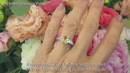 Natural Radiant Cut Untreated Yellow Sapphire Ring with Baguette Diamonds set in 18k White Gold (SSR-5607)