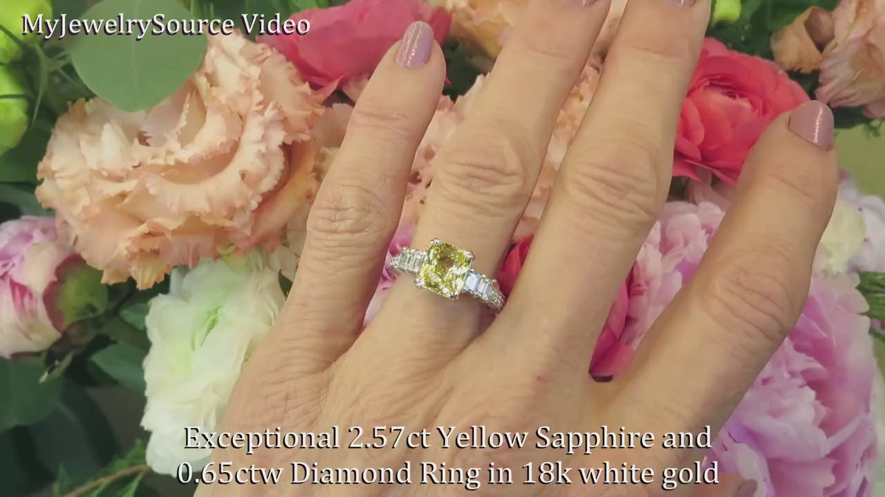 Natural Radiant Cut Untreated Yellow Sapphire Ring with Baguette Diamonds set in 18k White Gold (SSR-5607)