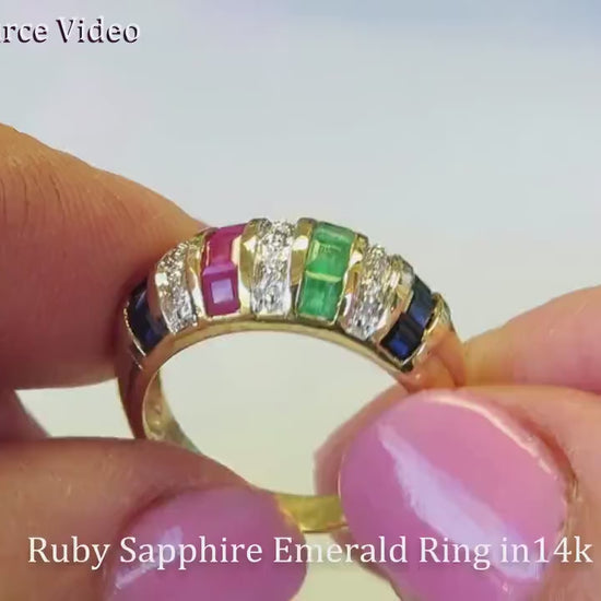 Channel Set Natural Ruby, Sapphire and Emerald Dome Ring in 14k yellow gold (SSR-4016)