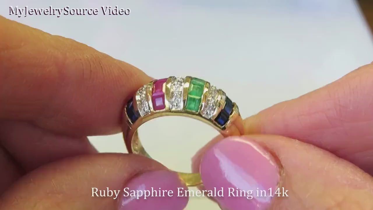 Channel Set Natural Ruby, Sapphire and Emerald Dome Ring in 14k yellow gold (SSR-4016)